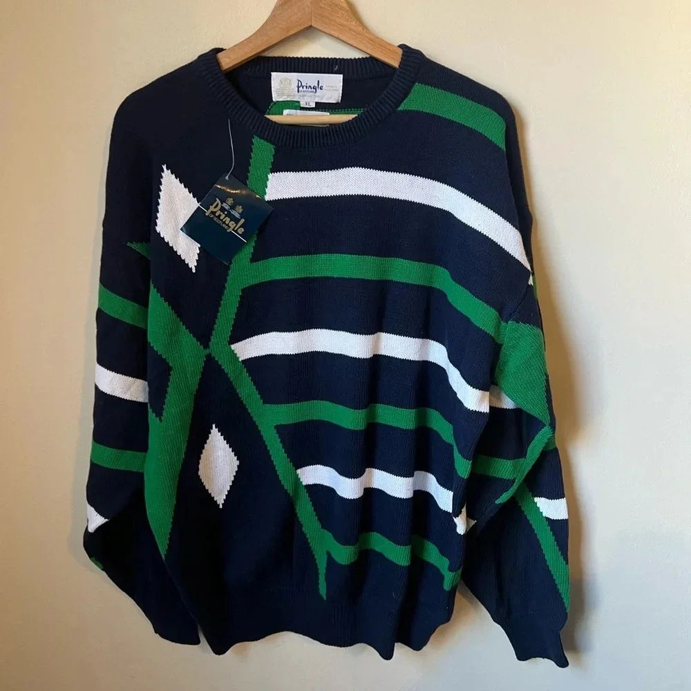 NWT Pringle Intarsia of Scotland Mens Sweater 100% Cotton Blue Geometric Pattern